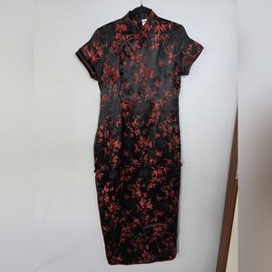Elegant Black and Red Floral Cheongsam Dress